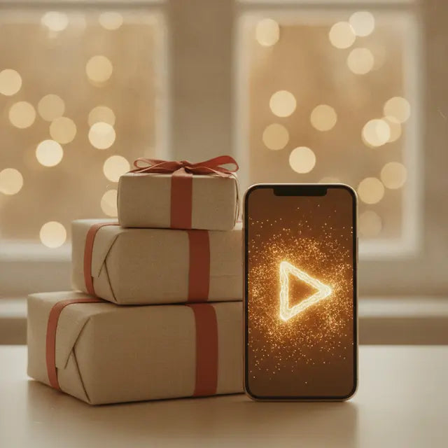 Wrapped gifts beside a phone ready to play a song