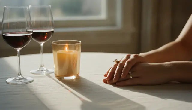 Two glasses of wine and a candle on a table as a couple holds hands