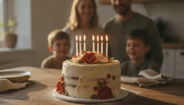 A family gathered around a birthday cake with lit candles