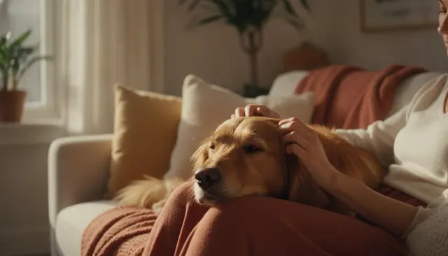 A golden dog resting on a sofa beside its owner