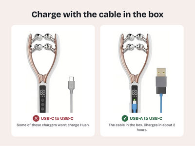 Charge Hush with the USB-A to USB-C cable in the box. Some USB-C to USB-C chargers won't charge it