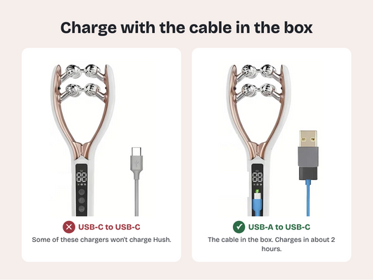 Charge Hush with the USB-A to USB-C cable in the box. Some USB-C to USB-C chargers won't charge it