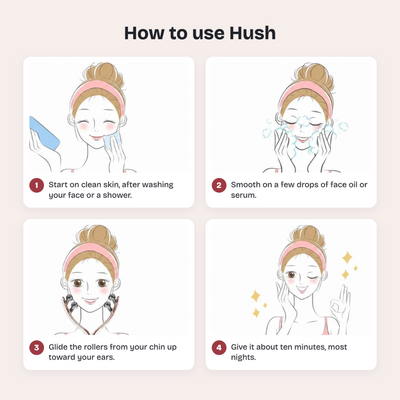 How to use Hush: start on clean skin, smooth on a few drops of oil or serum, glide the rollers from your chin toward your ears, about ten minutes most nights