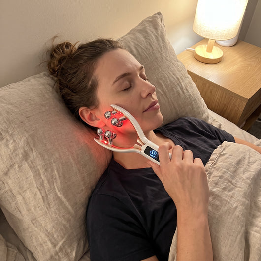 Lying back in bed with Voirelle Hush on both sides of the jaw, red light on