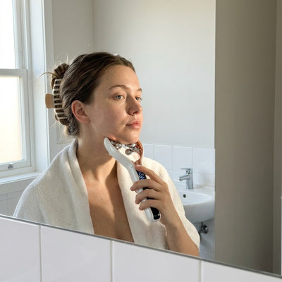 Morning bathroom: gliding Voirelle Hush from under the chin along the jawline