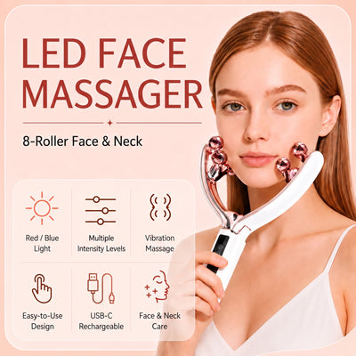 Voirelle Hush 8-roller face and neck massager: red and blue light, adjustable levels, vibration massage, USB-C rechargeable