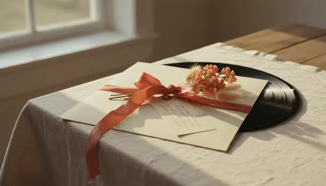 A wrapped gift with a ribbon beside a vinyl record