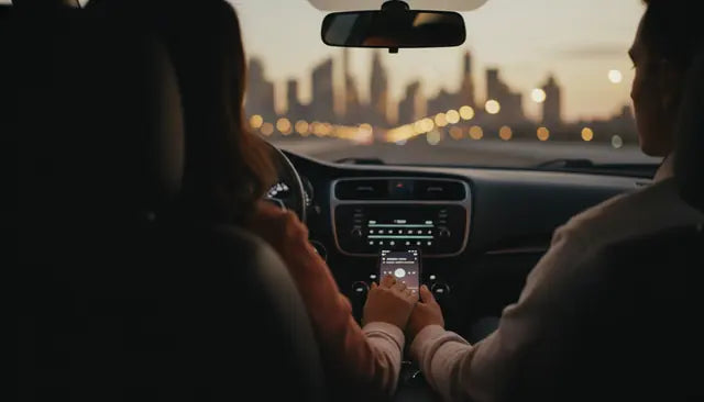 A family listening to a song together in the car