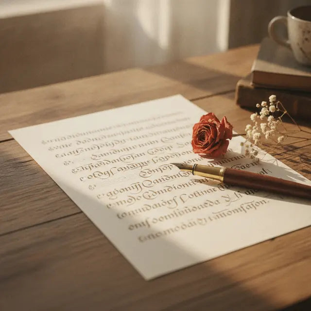 A handwritten lyric sheet with a pen and a rose