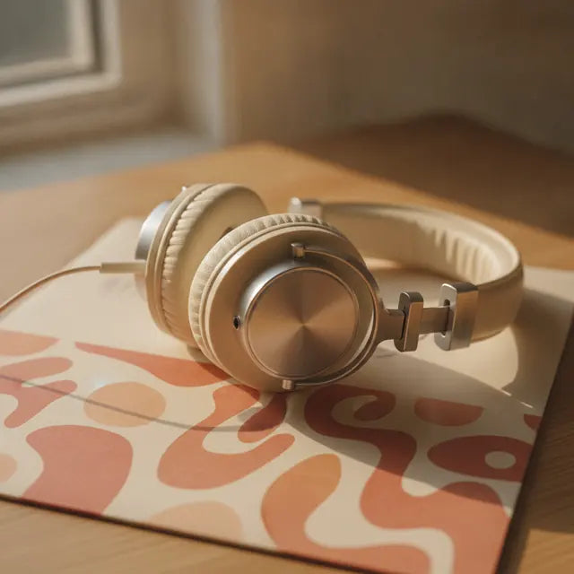 Studio headphones resting on a patterned mat