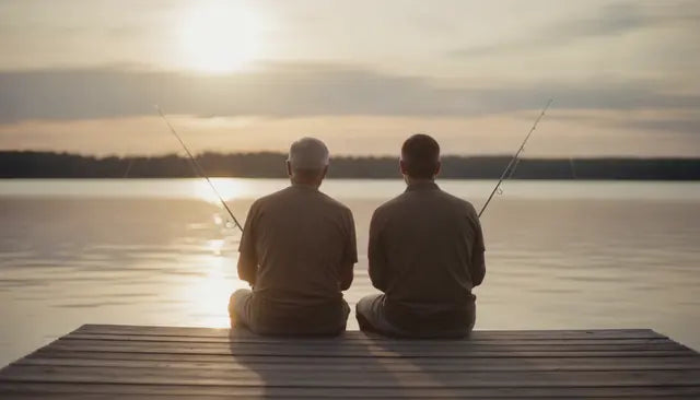 A father and son sitting together on a dock at sunset