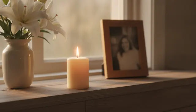 A family photo beside a candle