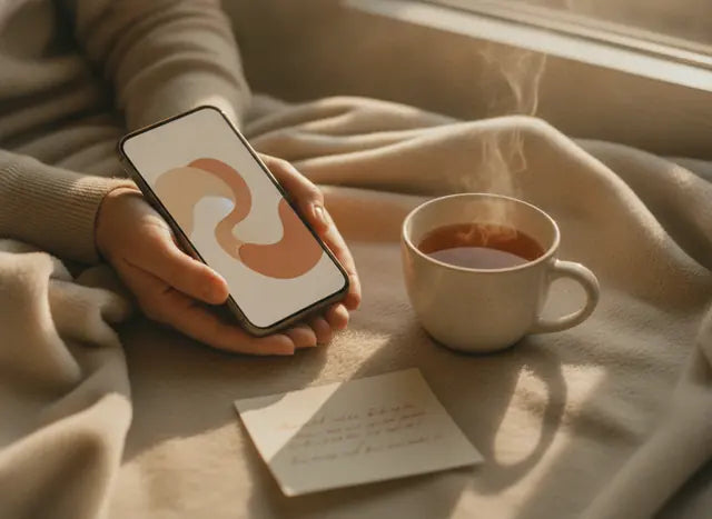 A phone open to a short questionnaire next to a cup of tea