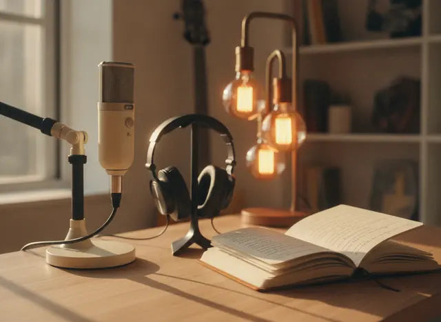 A home studio microphone, headphones and an open notebook