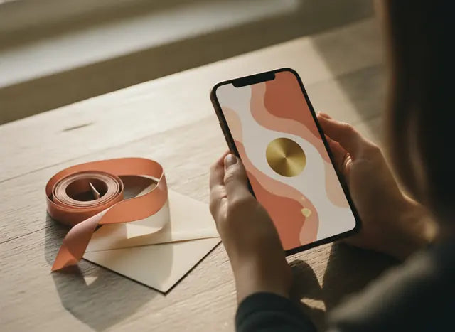 Hands holding a phone with a song ready to play, next to a gift ribbon
