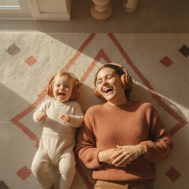 A mother and baby laughing together on a rug