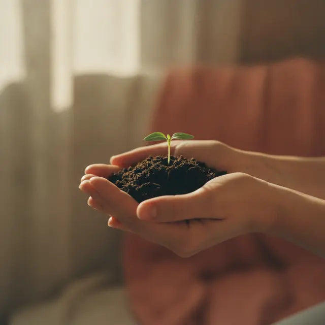 Hands holding a seedling in fresh soil