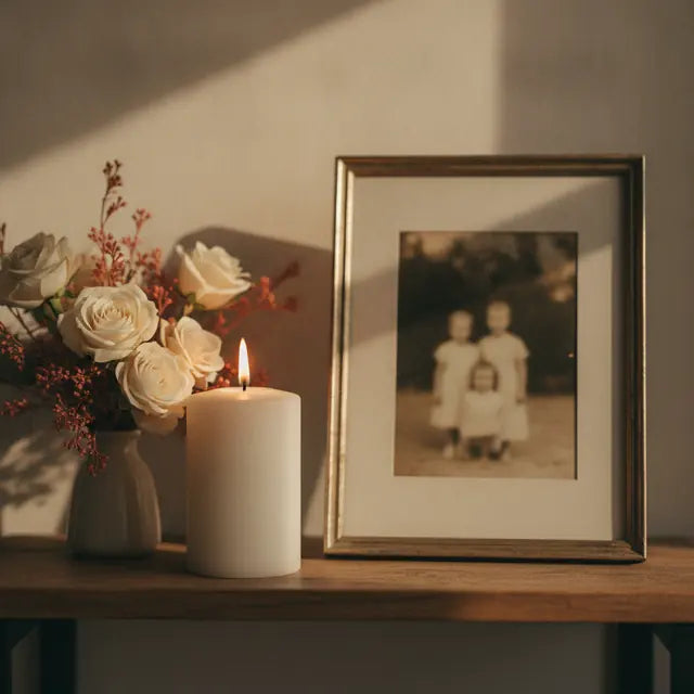 An old family photo beside a candle and roses