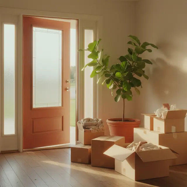 An open front door with moving boxes and a plant
