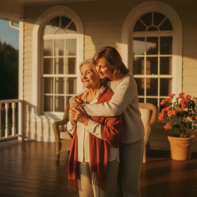 A mother and adult daughter hugging on a sunny porch
