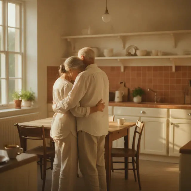An older couple embracing in a sunlit kitchen