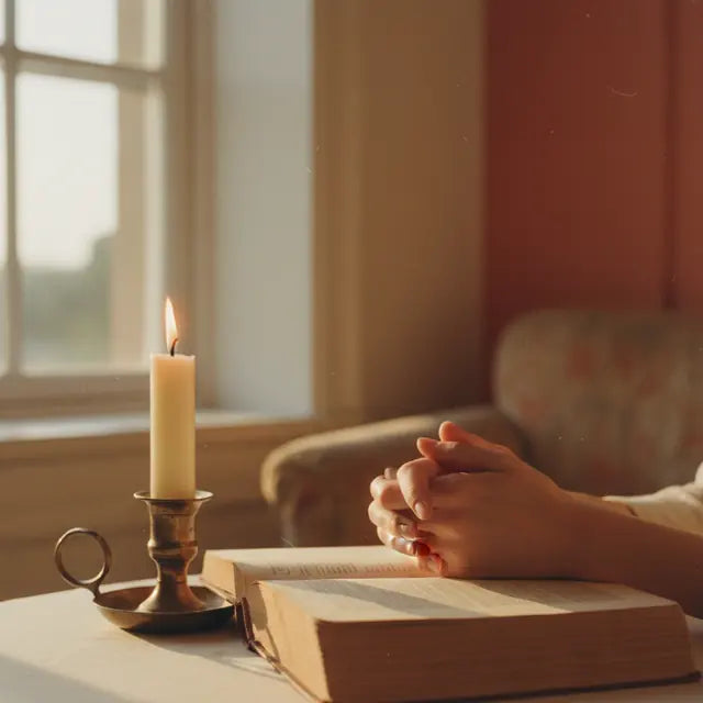 Folded hands beside a candle and an open book