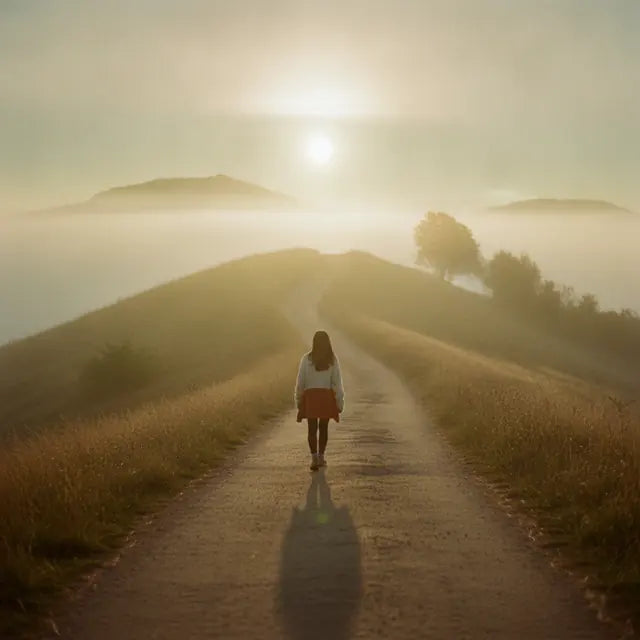A person walking up a hill path toward the sunrise