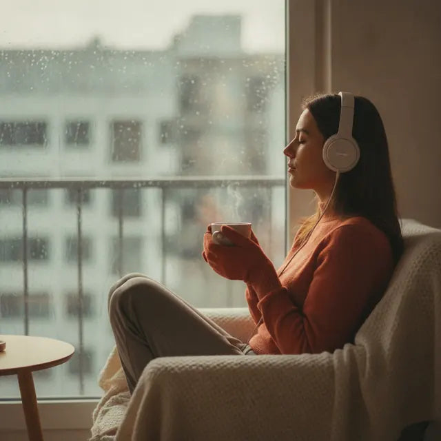 A woman with headphones and a warm drink by a window